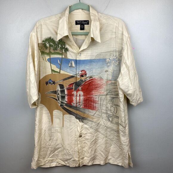Tori Richard Shirt Mens Large Cream Red Race Car 30 Button Up Hawaiian Viscose - Picture 1 of 11
